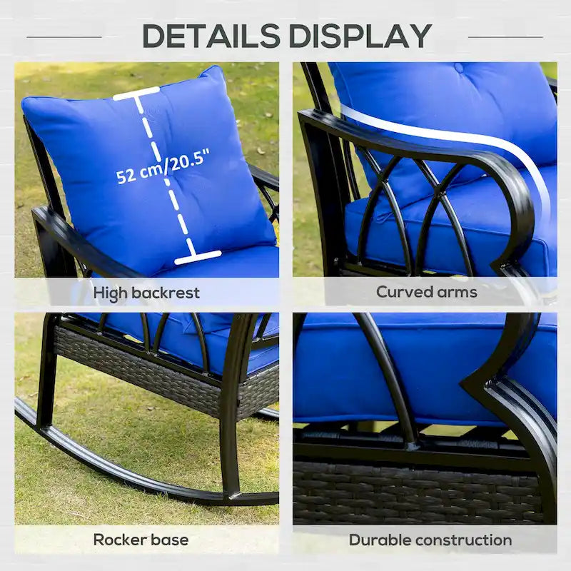 Fauteuil à bascule en rotin Outsunny avec coussins rembourrés, cadre en aluminium, accoudoir pour jardin, terrasse et arrière-cour, bleu