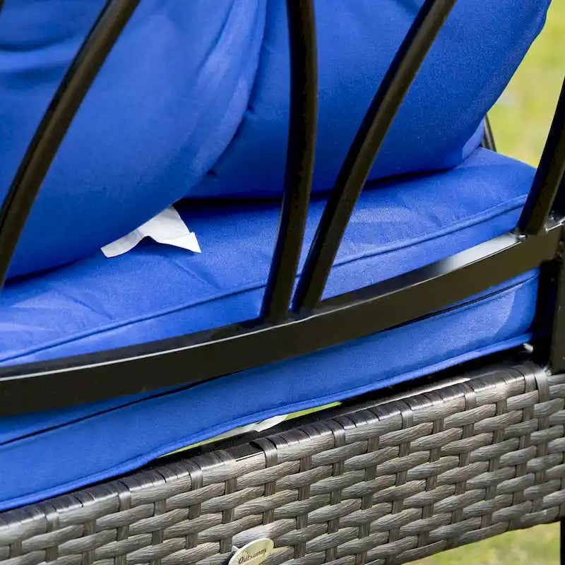 Fauteuil à bascule en rotin Outsunny avec coussins rembourrés, cadre en aluminium, accoudoir pour jardin, terrasse et arrière-cour, bleu
