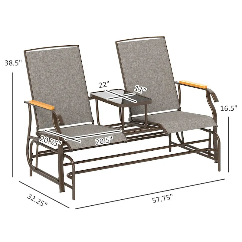 Outsunny 2 Person Outdoor Glider Bench, Patio Swing Glider Chair Loveseat with Breathable Mesh, Table, Steel Frame