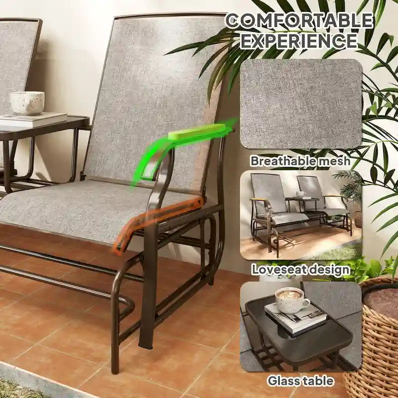 Banc planeur Outsunny 2 places d'extérieur, fauteuil balançoire de patio planeur causeuse avec maille respirante, table, cadre en acier