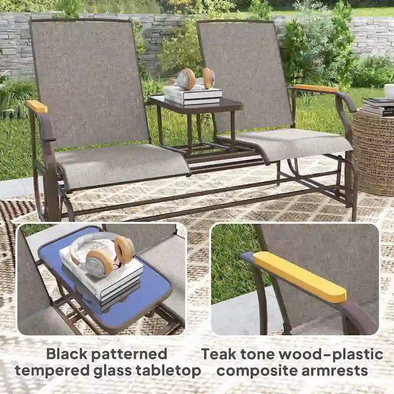 Banc planeur Outsunny 2 places d'extérieur, fauteuil balançoire de patio planeur causeuse avec maille respirante, table, cadre en acier