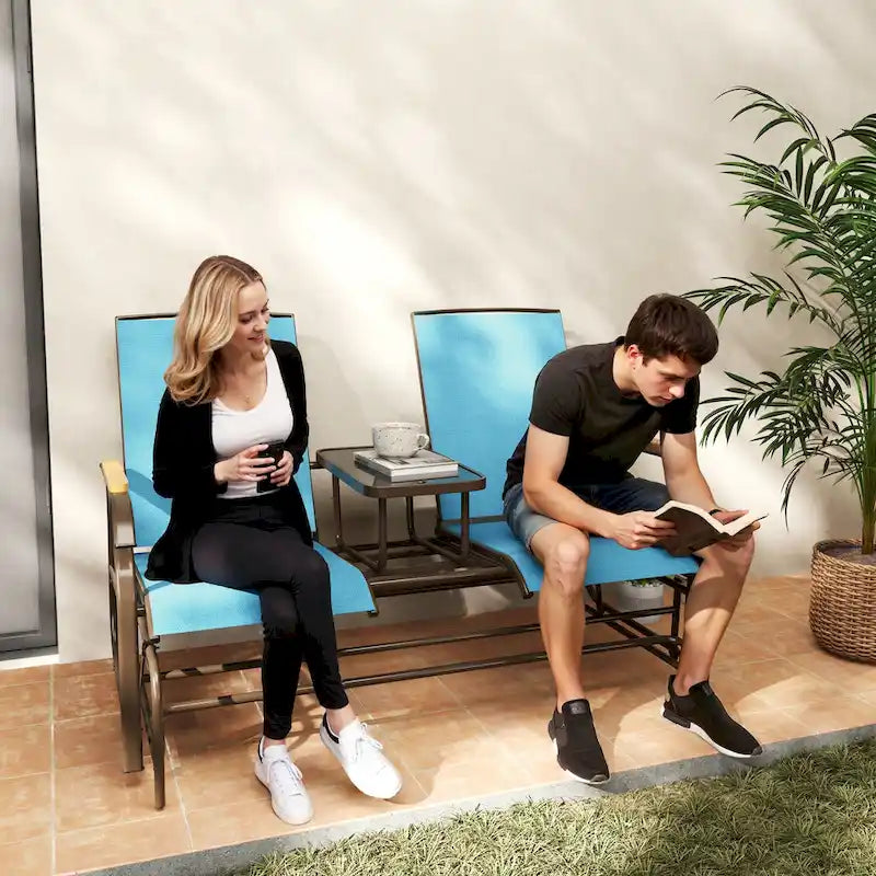 Banc planeur Outsunny 2 places d'extérieur, fauteuil balançoire de patio planeur causeuse avec maille respirante, table, cadre en acier