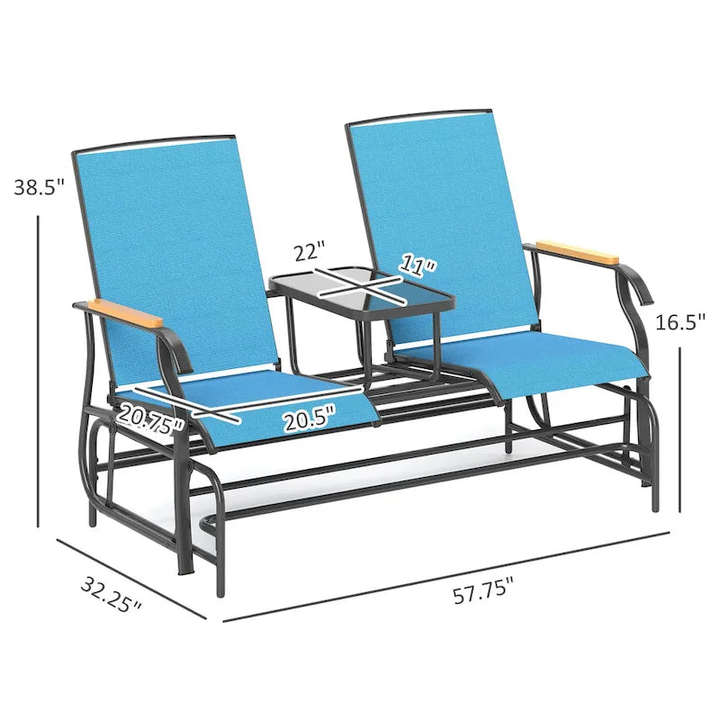 Banc planeur Outsunny 2 places d'extérieur, fauteuil balançoire de patio planeur causeuse avec maille respirante, table, cadre en acier