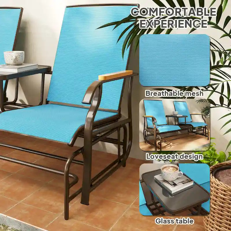 Banc planeur Outsunny 2 places d'extérieur, fauteuil balançoire de patio planeur causeuse avec maille respirante, table, cadre en acier