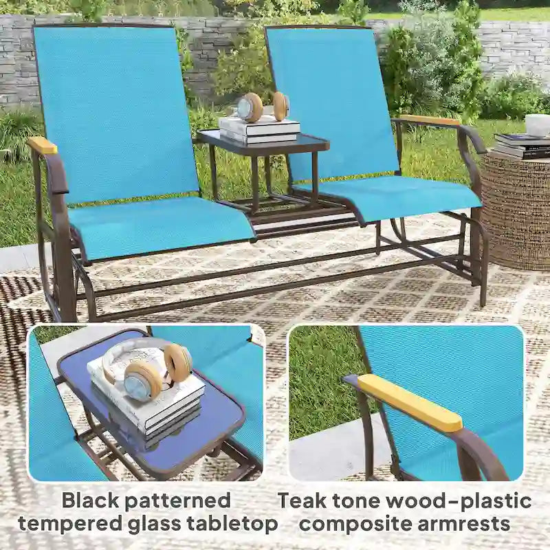 Banc planeur Outsunny 2 places d'extérieur, fauteuil balançoire de patio planeur causeuse avec maille respirante, table, cadre en acier