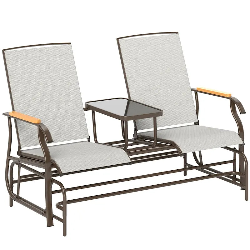 Banc planeur Outsunny 2 places d'extérieur, fauteuil balançoire de patio planeur causeuse avec maille respirante, table, cadre en acier