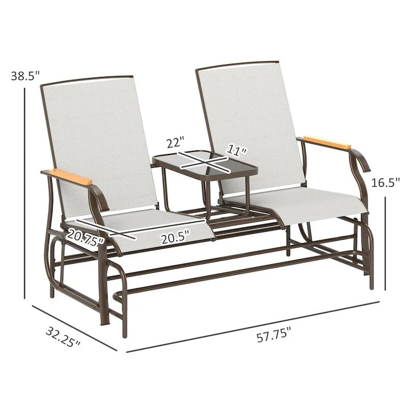 Banc planeur Outsunny 2 places d'extérieur, fauteuil balançoire de patio planeur causeuse avec maille respirante, table, cadre en acier