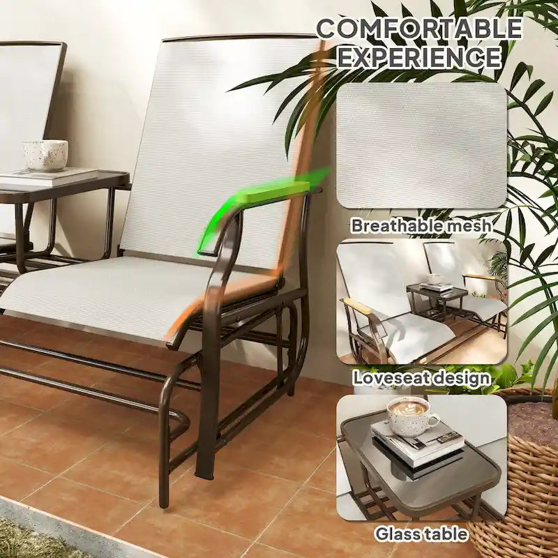 Banc planeur Outsunny 2 places d'extérieur, fauteuil balançoire de patio planeur causeuse avec maille respirante, table, cadre en acier