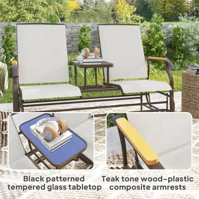Banc planeur Outsunny 2 places d'extérieur, fauteuil balançoire de patio planeur causeuse avec maille respirante, table, cadre en acier