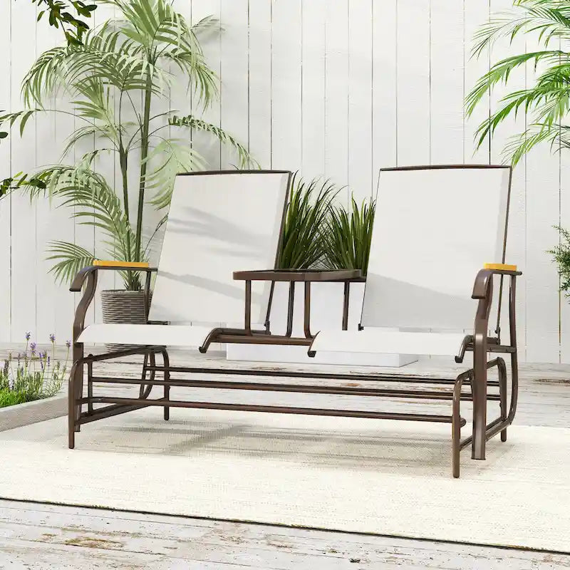 Banc planeur Outsunny 2 places d'extérieur, fauteuil balançoire de patio planeur causeuse avec maille respirante, table, cadre en acier