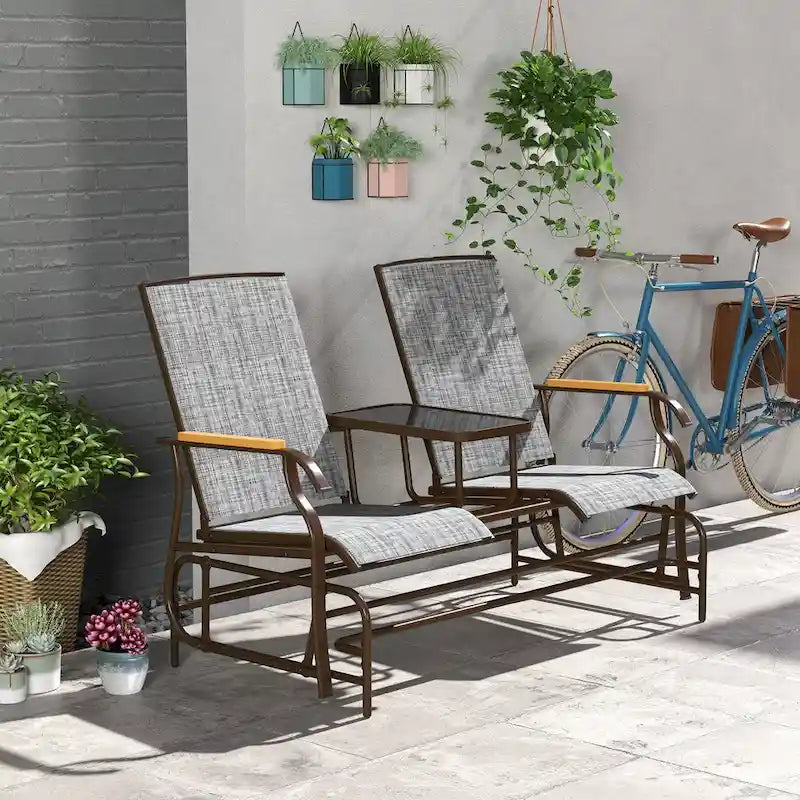 Banc planeur Outsunny 2 places d'extérieur, fauteuil balançoire de patio planeur causeuse avec maille respirante, table, cadre en acier
