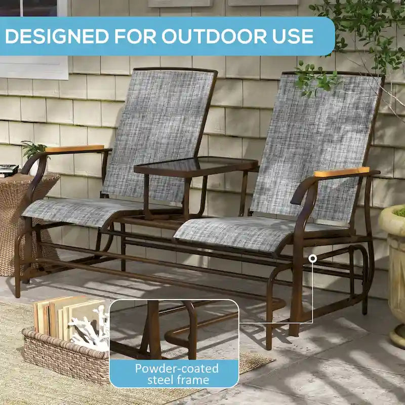 Banc planeur Outsunny 2 places d'extérieur, fauteuil balançoire de patio planeur causeuse avec maille respirante, table, cadre en acier