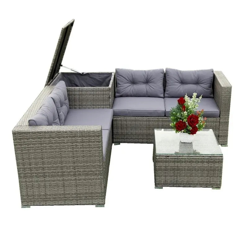 Ensemble de canapé d'extérieur en rotin et osier 4 pièces avec coffre de rangement gris