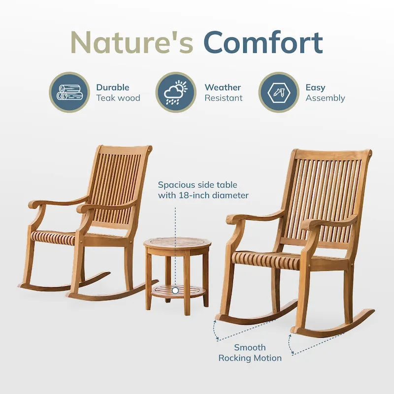 Ensemble de conversation d'extérieur 3 pièces en teck avec fauteuils à bascule Chara de Cambridge Casual
