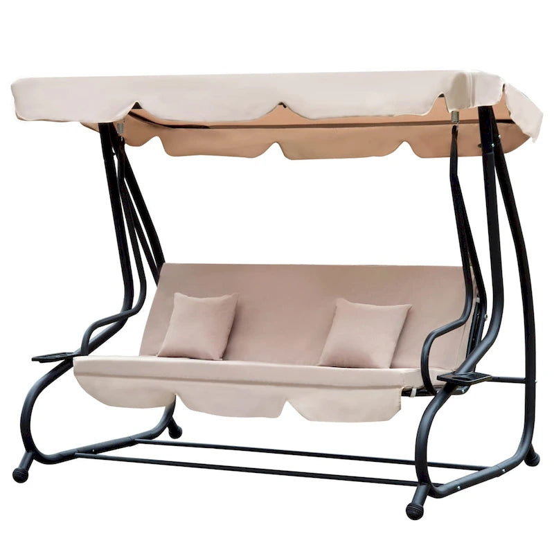 Balançoire de jardin 3 places autoportante Outsunny avec auvent, coussins confortables et parasol inclus, beige