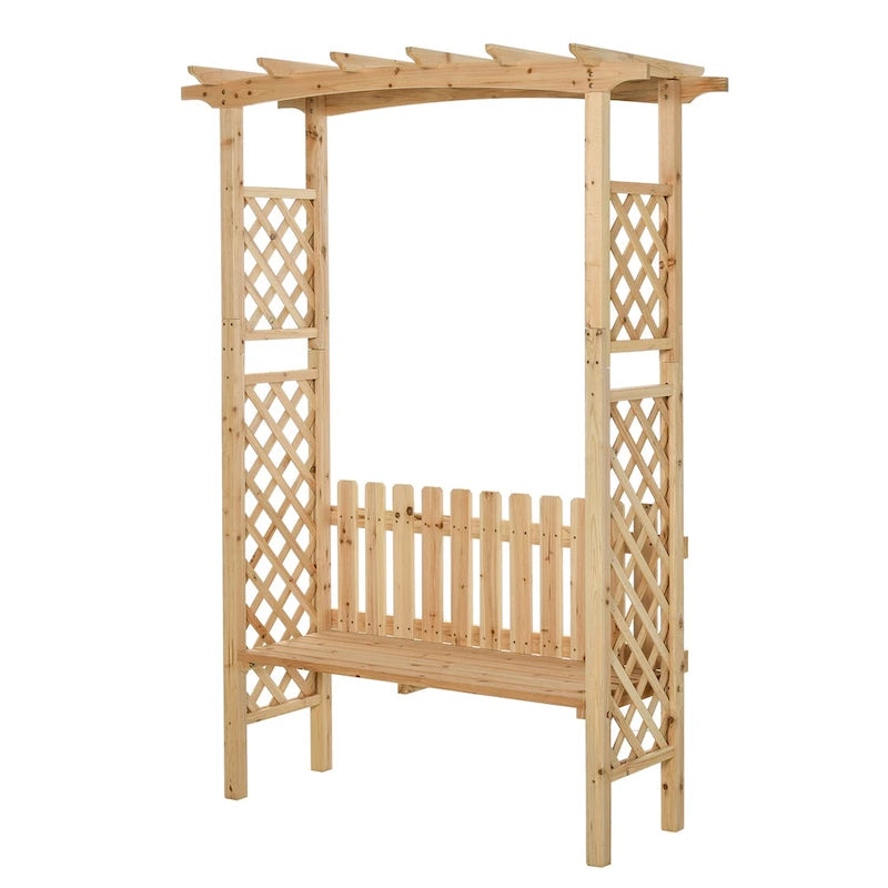 Banc de jardin d'extérieur Outsunny avec arche pergola en sapin naturel, vernis protecteur et banc ergonomique 2 places