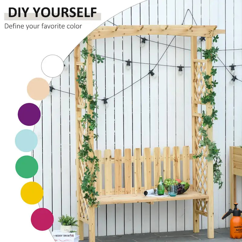 Banc de jardin d'extérieur Outsunny avec arche pergola en sapin naturel, vernis protecteur et banc ergonomique 2 places