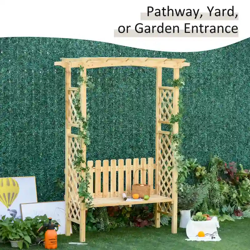 Banc de jardin d'extérieur Outsunny avec arche pergola en sapin naturel, vernis protecteur et banc ergonomique 2 places