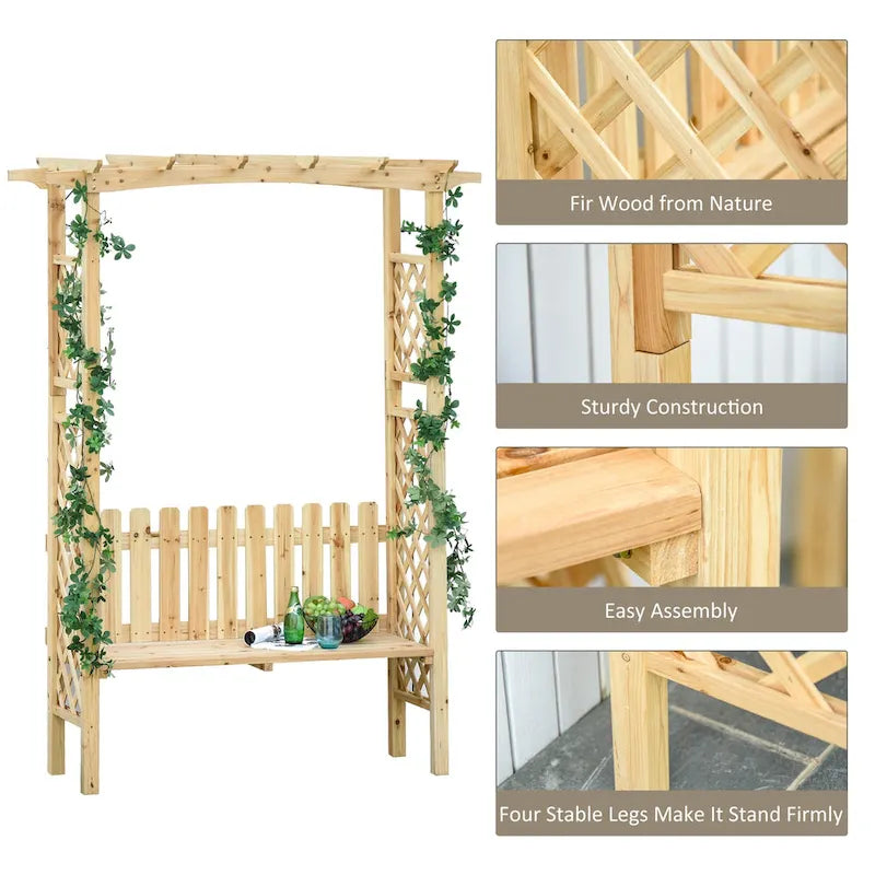 Banc de jardin d'extérieur Outsunny avec arche pergola en sapin naturel, vernis protecteur et banc ergonomique 2 places