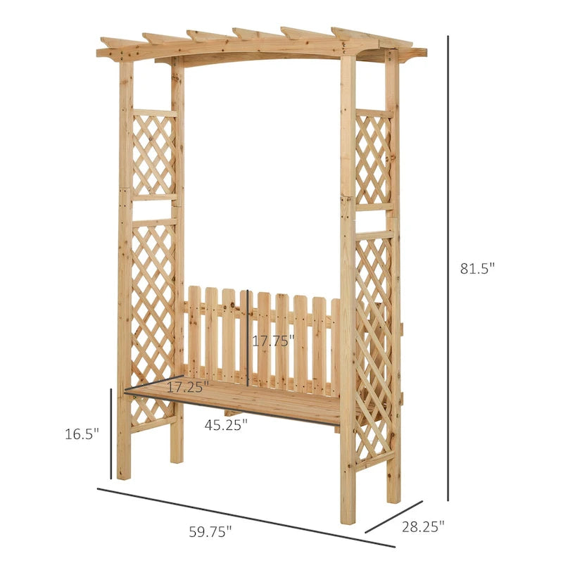 Banc de jardin d'extérieur Outsunny avec arche pergola en sapin naturel, vernis protecteur et banc ergonomique 2 places