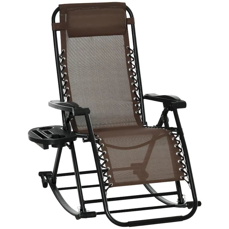 Outsunny Fauteuil inclinable Zéro Gravité Pliant de Jardin avec Tablette Latérale Oreiller et Porte-gobelet/Téléphone Marron