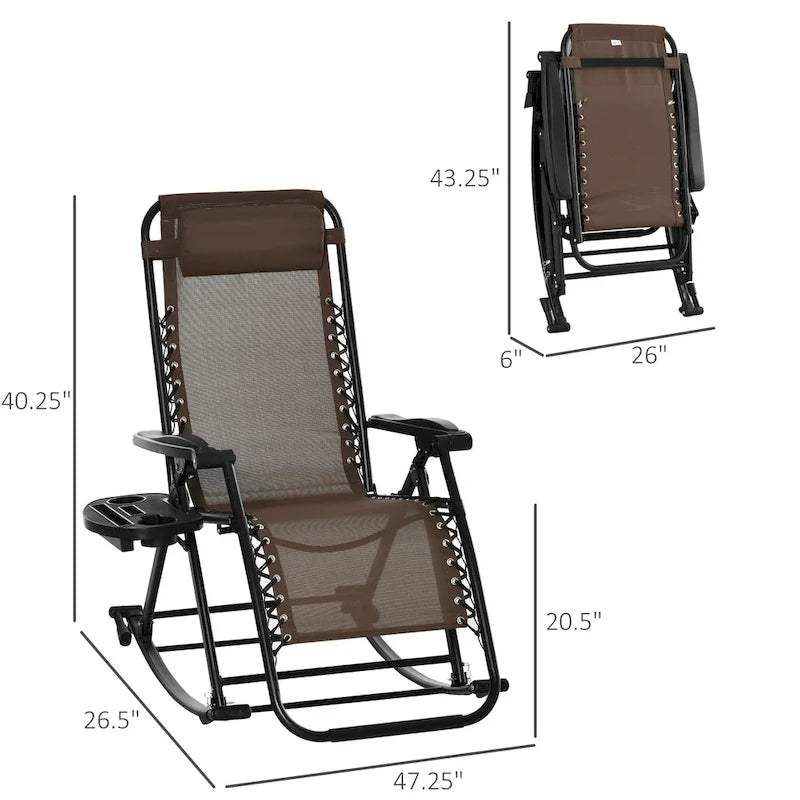 Outsunny Fauteuil inclinable Zéro Gravité Pliant de Jardin avec Tablette Latérale Oreiller et Porte-gobelet/Téléphone Marron