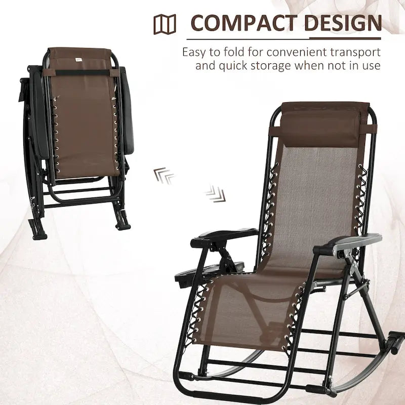 Outsunny Fauteuil inclinable Zéro Gravité Pliant de Jardin avec Tablette Latérale Oreiller et Porte-gobelet/Téléphone Marron