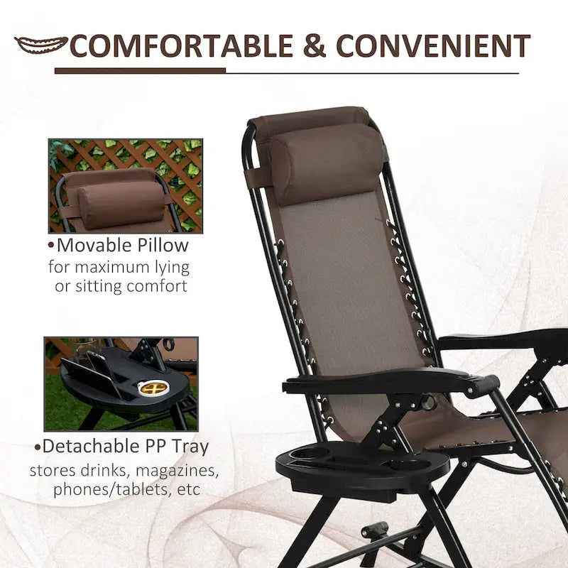 Outsunny Fauteuil inclinable Zéro Gravité Pliant de Jardin avec Tablette Latérale Oreiller et Porte-gobelet/Téléphone Marron