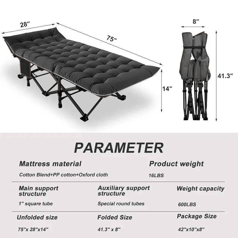 Lit de camp pliable portable DoCred avec 2 matelas latéraux, 270 kg