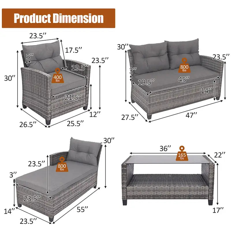 Ensemble de mobilier de jardin en osier 4 pièces avec table