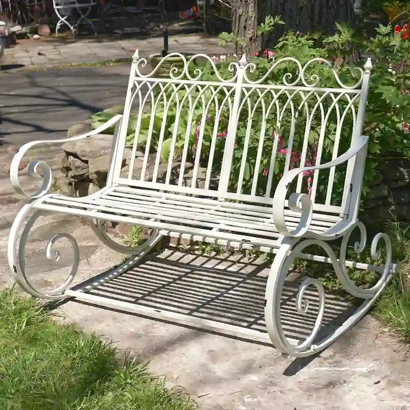Banc de jardin à bascule Iron Rocking Tatiana en blanc antique