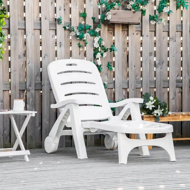 Outsunny Outdoor Folding Chaise Lounge Chair on Wheels, Patio Sun Lounger Recliner & 5-Position Backrest for Garden, Beach, Pool