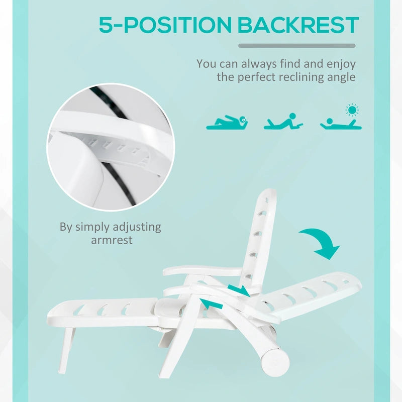 Chaise longue pliante d'extérieur Outsunny sur roulettes, transat de patio inclinable avec dossier 5 positions pour jardin, plage, piscine