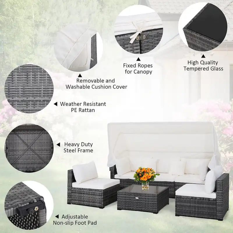 Ensemble de meubles de patio 6 pièces avec auvent rétractable