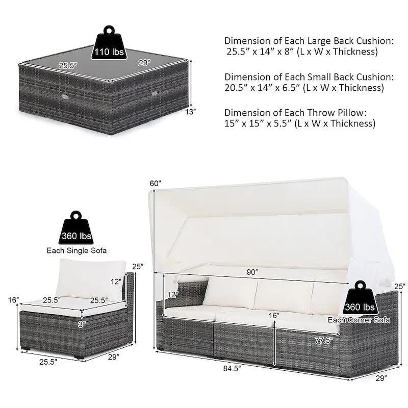 Ensemble de meubles de patio 6 pièces avec auvent rétractable