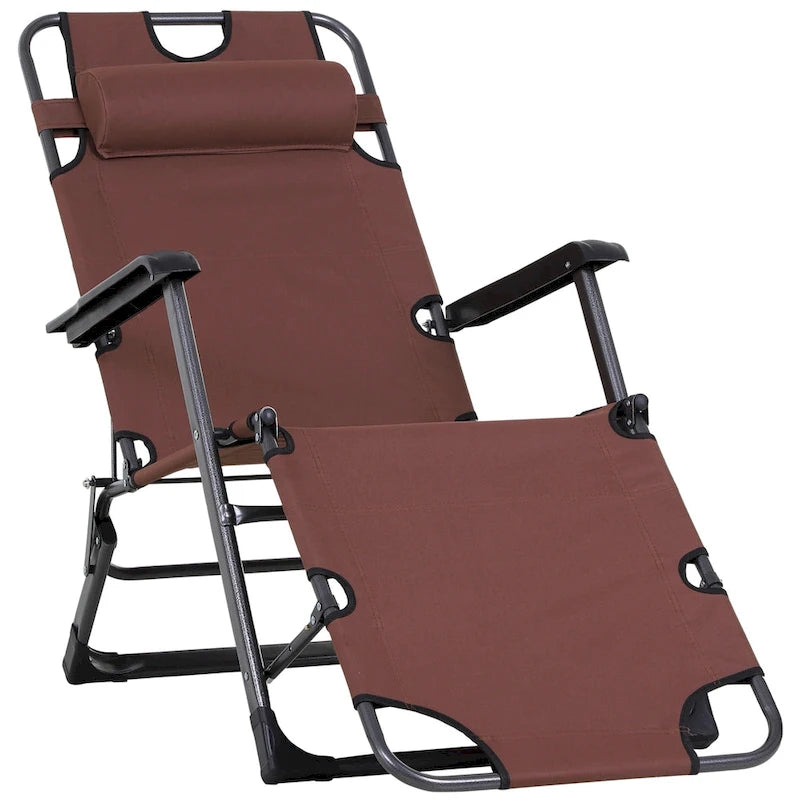 Chaise longue de patio 2 en 1 Outsunny avec oreiller, transat de jardin pliable inclinable à 120/180°, tissu Oxford, marron