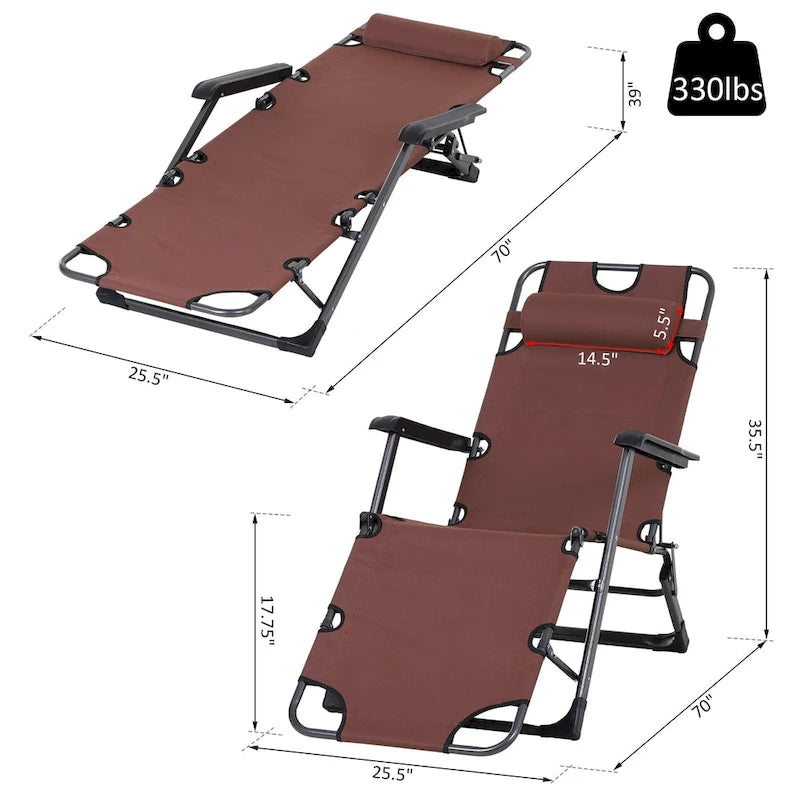 Chaise longue de patio 2 en 1 Outsunny avec oreiller, transat de jardin pliable inclinable à 120/180°, tissu Oxford, marron