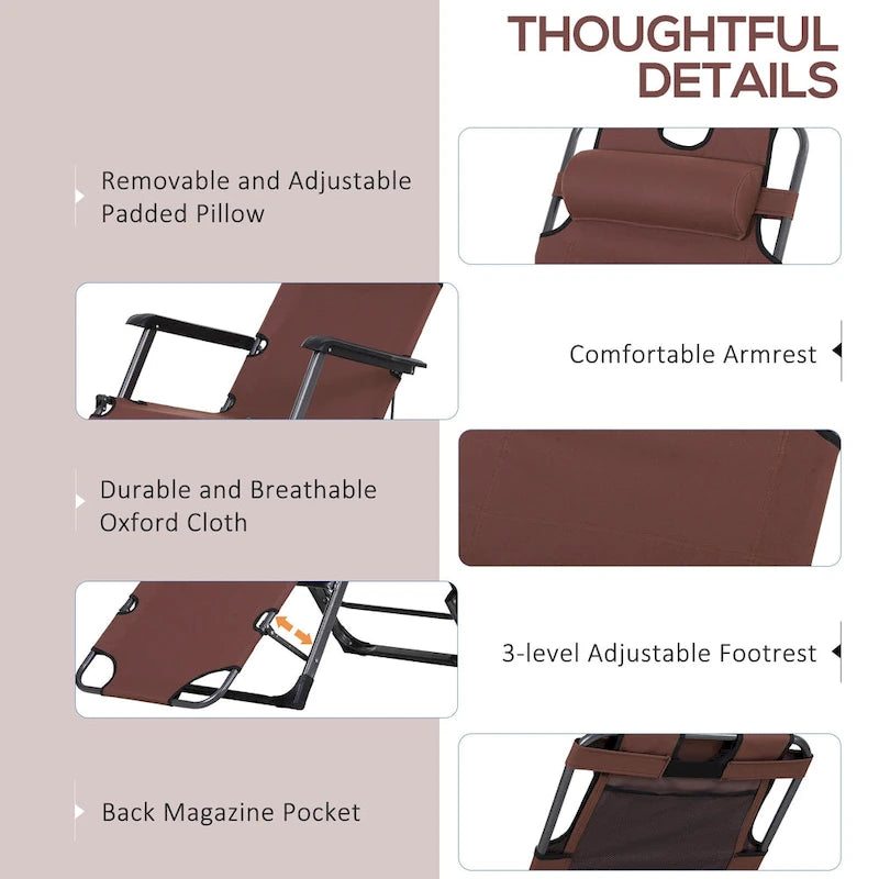 Chaise longue de patio 2 en 1 Outsunny avec oreiller, transat de jardin pliable inclinable à 120/180°, tissu Oxford, marron