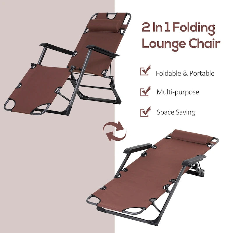 Chaise longue de patio 2 en 1 Outsunny avec oreiller, transat de jardin pliable inclinable à 120/180°, tissu Oxford, marron