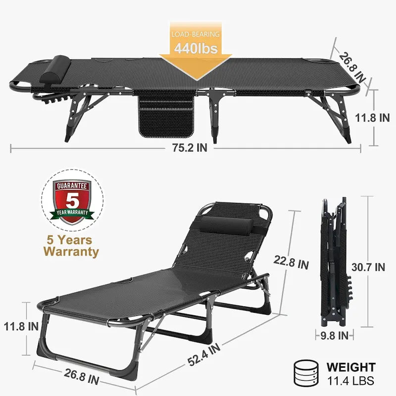 DoCred Lit de camp pliant réglable, chaise longue, lit d'appoint - 75