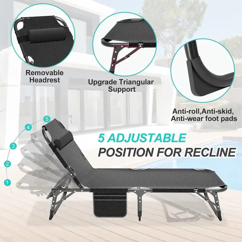 DoCred Lit de camp pliant réglable, chaise longue, lit d'appoint - 75