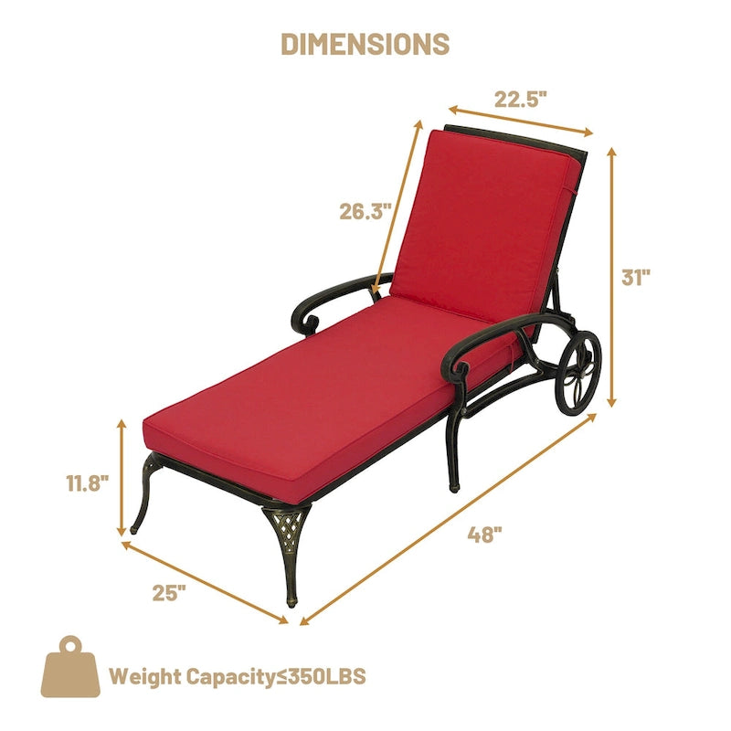 Bain de soleil pliant inclinable d'extérieur en aluminium moulé Clihome avec coussin rouge