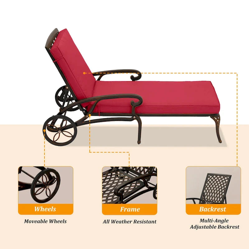 Bain de soleil pliant inclinable d'extérieur en aluminium moulé Clihome avec coussin rouge