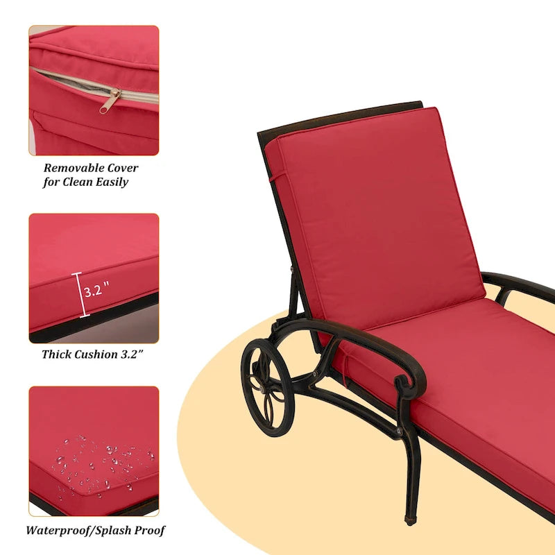 Bain de soleil pliant inclinable d'extérieur en aluminium moulé Clihome avec coussin rouge
