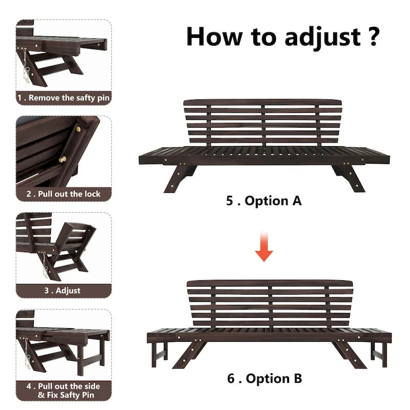 Lit de repos de jardin réglable en bois avec coussins
