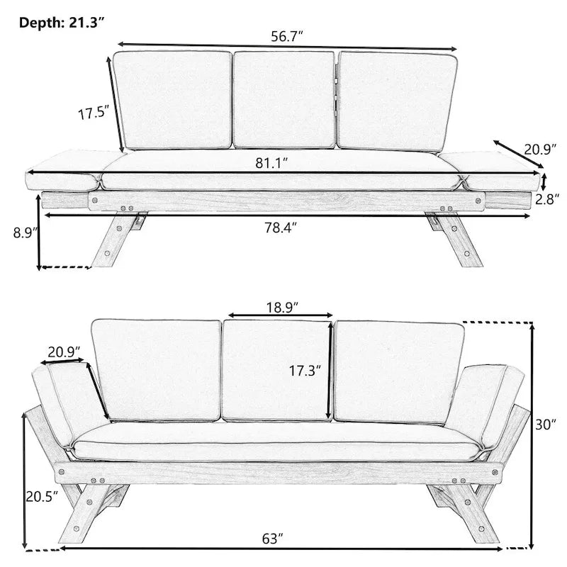 Lit de repos de jardin réglable en bois avec coussins