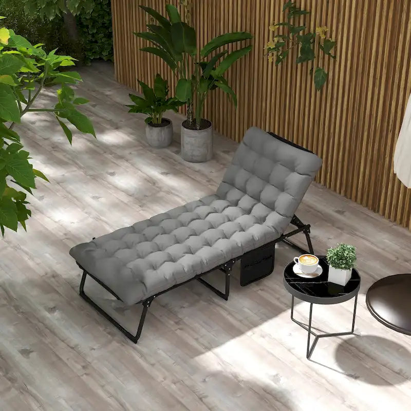 Chaise longue d'extérieur Outsunny, inclinable et pliable avec dossier à 4 positions, pochette de rangement et coussin appuie-tête amovible
