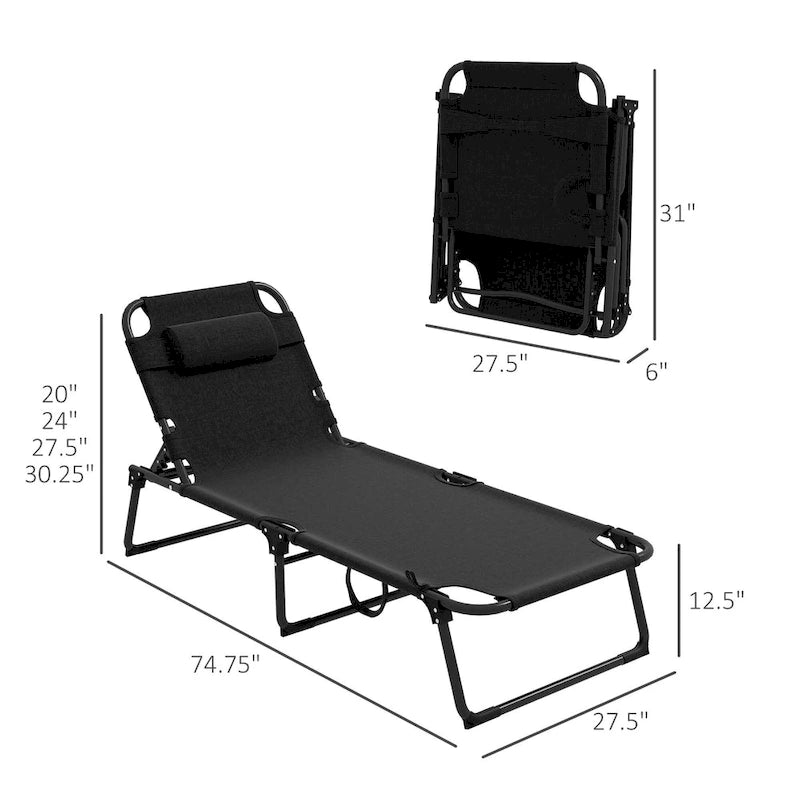 Chaise longue d'extérieur Outsunny, inclinable et pliable avec dossier à 4 positions, pochette de rangement et coussin appuie-tête amovible