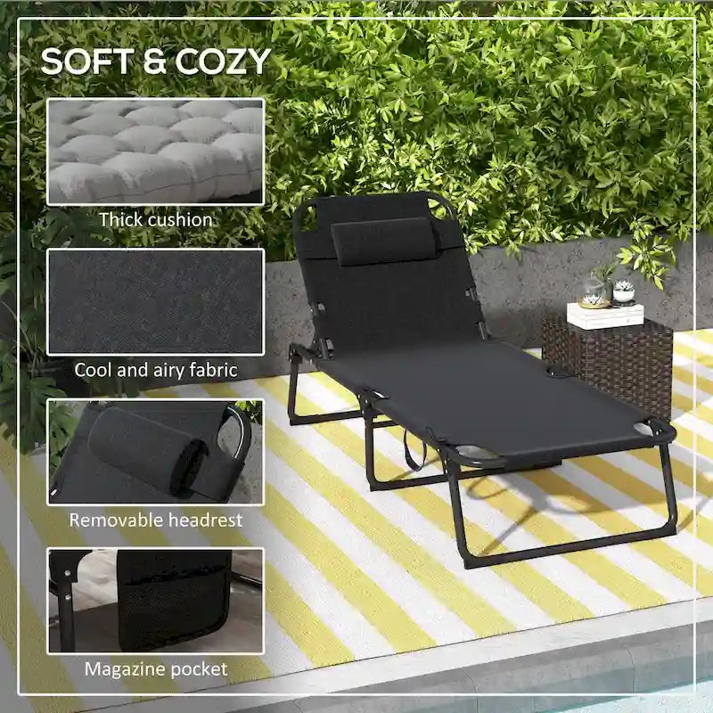 Chaise longue d'extérieur Outsunny, inclinable et pliable avec dossier à 4 positions, pochette de rangement et coussin appuie-tête amovible