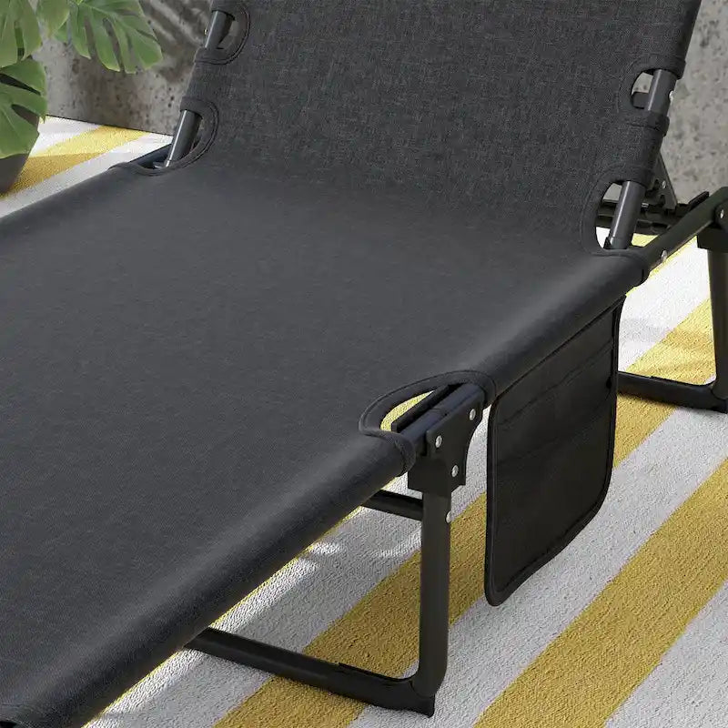 Chaise longue d'extérieur Outsunny, inclinable et pliable avec dossier à 4 positions, pochette de rangement et coussin appuie-tête amovible